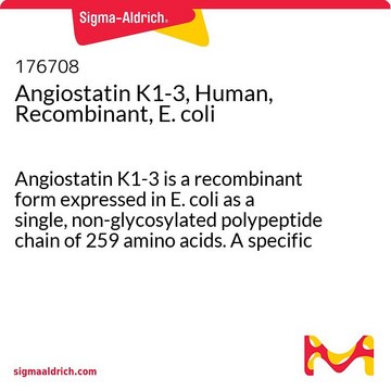 Angiostatin K1-3, Human, Recombinant, E. coli Angiostatin K1-3 is a recombinant form expressed in E. coli as a single, non-glycosylated polypeptide chain of 259 amino acids. A specific inhibitor of endothelial cell growth and angiogenesis.