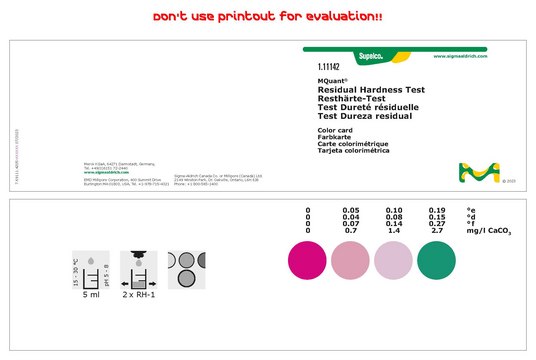 Residual Hardness Test colorimetric, water hardness 0.04-0.15&#160;°d, water hardness 0.05-0.19&#160;°e, 0.7-2.7&#160;mg/L (CaCO3), for use with MQUANT&#174;