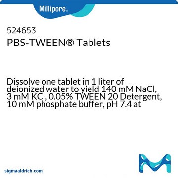 PBS-吐温&#174; 片剂 Dissolve one tablet in 1 liter of deionized water to yield 140 mM NaCl, 3 mM KCl, 0.05% TWEEN 20 Detergent, 10 mM phosphate buffer, pH 7.4 at 25&#176;C. Note: 1 each = 10 tablets.