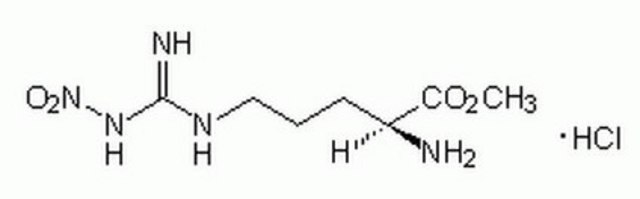 NG-硝基-L-精氨酸甲基酯盐酸盐 Cell permeable. More soluble analog of arginine and a competitive, slowly reversible inhibitor of eNOS (IC&#8325;&#8320; = 500 nM). Causes a prolonged inhibition of acetylcholine-induced relaxation of rat aortic rings (IC&#8325;&#8320; = 400 nM).