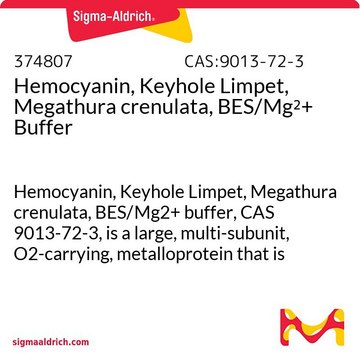 Hemocyanin, Keyhole Limpet, Megathura crenulata, BES/Mg2+ Buffer Hemocyanin, Keyhole Limpet, Megathura crenulata, BES/Mg2+ buffer, CAS 9013-72-3, is a large, multi-subunit, O2-carrying, metalloprotein that is used in the production of antibodies.