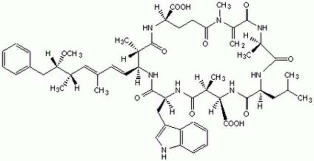 Microcystin-LW, Microcystis aeruginosa Analog of Microcystin-LR with Trp substituted in place of Arg. Believed to be more cell-permeable than other microcystins making it useful for biochemical studies in intact cells.