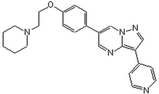 AMPK抑制剂，化合物C AMPK Inhibitor, Compound C, CAS 866405-64-3, is a cell-permeable compound that inhibits KDR/VEGFR2, ALK2/BMPR-I, and AMPK kinase activities (IC&#8325;&#8320; = 25.1, 148, and 234.6 nM, respectively).