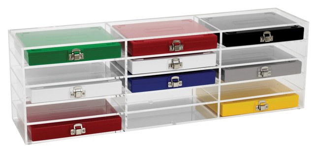 Storage rack for 50 and 100 place microscope slide boxes Holds 15 x slide boxes, clear acrylic