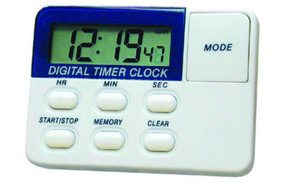 Count up/down timer clock complete with a pocket clip, foldaway stand and magnetic back; desk mountable