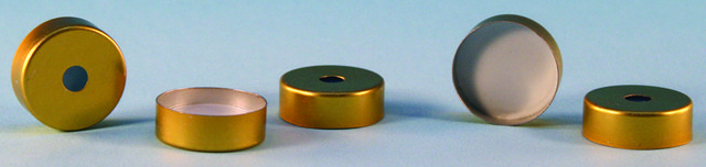 Crimp seals (magnetic) with PTFE/silicone septa, pkg/100 gold seal (magnetic, with 8 mm center hole), (silcone blue transparent/PTFE transparent), open center (8 mm opening), diam. × thickness 20&#160;mm × 3.0&#160;mm