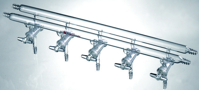 Synthware&#8482; all-glass vacuum/inert gas manifold with hollow high vacuum stopcocks number of ports, 5, Hose Connections: Front-left-right, Rear-left-right