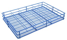 Coated Wire Urine Container Rack to hold, 24 x 58 mm containers, blue high-density polyethylene coating