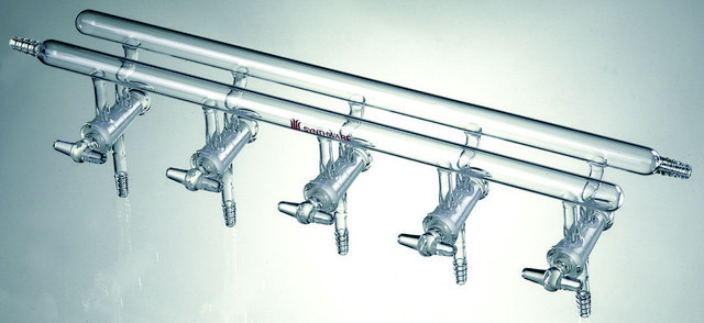 Synthware&#8482; all-glass vacuum/inert gas manifold with hollow high vacuum stopcocks number of ports, 3, Hose Connections: Front-left, Rear-right