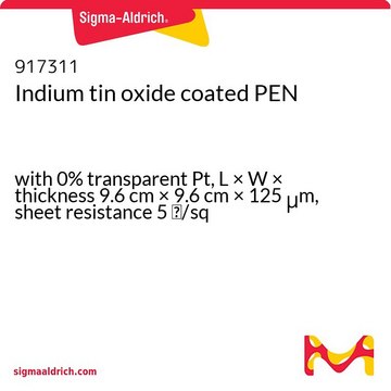 Indium tin oxide coated PEN with 0% transparent Pt, L × W × thickness 9.6&#160;cm × 9.6&#160;cm × 125&#160;&#956;m, sheet resistance 5&#160;&#937;/sq