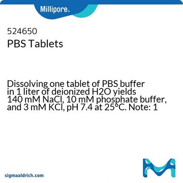 PBS片剂 Dissolving one tablet of PBS buffer in 1 liter of deionized H2O yields 140 mM NaCl, 10 mM phosphate buffer, and 3 mM KCl, pH 7.4 at 25&#176;C. Note: 1 each = 10 tablets.