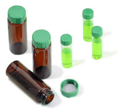 Vials, screw top with solid green Thermoset cap with PTFE liner, preassembled, pkg of 100 volume 2&#160;mL, clear glass vial (standard opening - 4.6 mm), O.D. × H × I.D. 12&#160;mm × 32&#160;mm × 4.6&#160;mm, thread for 8-425