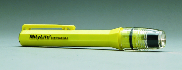 MityLite&#174; flashlight includes two 1.5V, AAA batteries