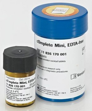 cOmplete&#8482;, Mini, EDTA-free Protease Inhibitor Cocktail Protease Inhibitor Cocktail Tablets provided in a glass vial, Tablets provided in a glass vial