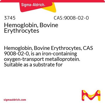 Hemoglobin, Bovine Erythrocytes Hemoglobin, Bovine Erythrocytes, CAS 9008-02-0, is an iron-containing oxygen-transport metalloprotein. Suitable as a substrate for proteases, such as papain, pepsin, and trypsin.