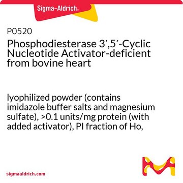 磷酸二酯酶 3′,5′-环核苷酸（活化剂不足） 来源于牛心脏 lyophilized powder (contains imidazole buffer salts and magnesium sulfate), &gt;0.1&#160;units/mg protein (with added activator), PI fraction of Ho, H.C., et al., Biochim. Biophys. Acta, 429, 461 (1976).