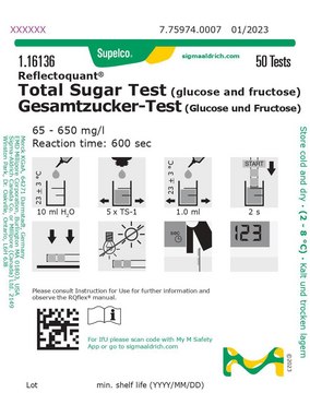 Total Sugar Test (glucose and fructose) reflectometric, 65-650&#160;mg/L (total sugar test - glucose and fructose), for use with REFLECTOQUANT&#174;