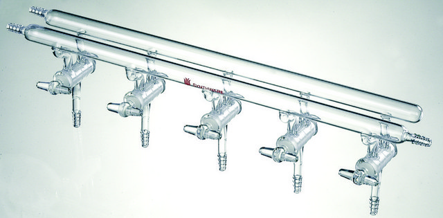 Synthware&#8482; all-glass vacuum/inert gas manifold with solid high vacuum stopcocks number of ports, 5, Hose Connections: Front-left-right, Rear-left