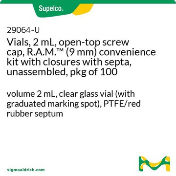 Vials, 2 mL, open-top screw cap, R.A.M.&#8482; (9 mm) convenience kit with closures with septa, unassembled, pkg of 100 volume 2&#160;mL, clear glass vial (with graduated marking spot), PTFE/red rubber septum