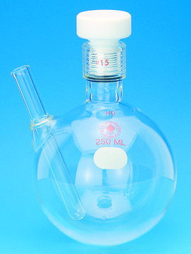 Ace round-bottom pressure flask with thermowell with Ace-Thred 15 PTFE front-seal plug, capacity 250&#160;mL