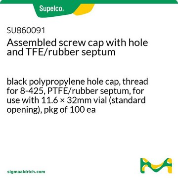 带有 TFE/橡胶隔垫的带孔螺纹盖 black polypropylene hole cap, thread for 8-425, PTFE/rubber septum, for use with 11.6 × 32mm vial (standard opening), pkg of 100&#160;ea