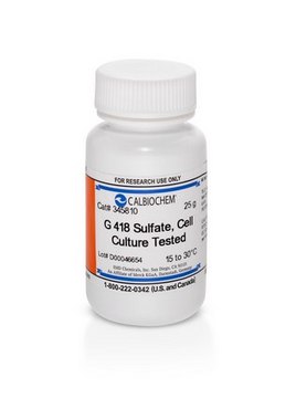 G 418 硫酸盐，经细胞培养测试，大包装 G418 also known as Geneticin is an aminoglycoside antibiotic related to Gentamicin. Used as a selective agent in transfection of eukaryotic cells. Has highest potency &#8805;730 &#181;g/mg and purity &#8805;98%.