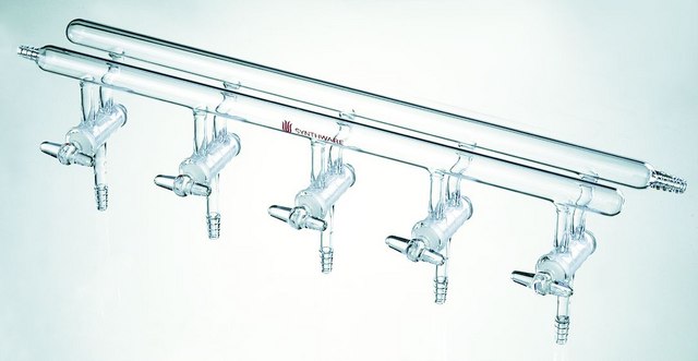 Synthware&#8482; all-glass vacuum/inert gas manifold with solid high vacuum stopcocks number of ports, 3, Hose Connections: Front-left, Rear-right