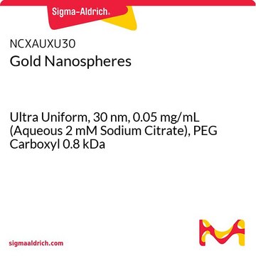 Gold Nanospheres Ultra Uniform, 30&#160;nm, 0.05&#160;mg/mL (Aqueous 2 mM Sodium Citrate), PEG Carboxyl 0.8 kDa