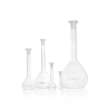 Duran&#174; Volumetric Flask graduated, WHITE GRADUATION, WITH ONE GRADUATION MARK, class A, Batch Certificate, Octagonal PE Stopper, joint: ST/NS 29/32