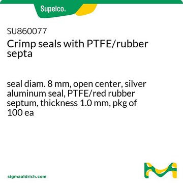 带 PTFE/橡胶隔垫的钳口密封盖 seal diam. 8&#160;mm, open center, silver aluminum seal, PTFE/red rubber septum, thickness 1.0&#160;mm, pkg of 100&#160;ea