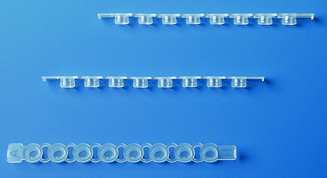 BRAND&#174; PCR caps, strips of 8 clear, flat polypropylene