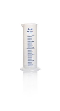 Azlon Squat Form Cylinder with Molded Graduation with blue over print polypropylene cylinder, class B, capacity 500&#160;mL