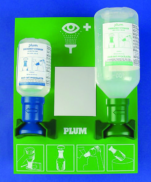 Plum neutralizing and saline eye wash station contains 200 mL sterile pH neutralizing solution and 500 mL sterile saline eyewash