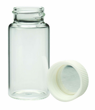 WHEATON&#174; liquid scintillation vial with separate foil lined PP cap lips on vial transparent borosilicate glass bottle, capacity (20&#160;mL), screw cap, case of 500&#160;ea Vials shrink-wrapped trays Screw caps in a separate sealed tray