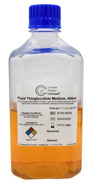 Fluid Thioglycollate Medium (FTM) bottle of 600&#160;mL, pkg of 4&#160;units, polycarbonate bottle (1L with Screw Cap Septum), sterile; autoclaved