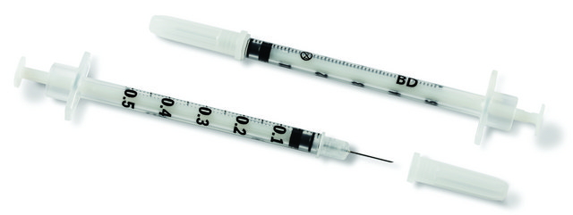 Becton Dickinson polypropylene tuberculin syringes Permanently affixed bevel point needle, capacity 0.5&#160;mL