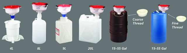 Waste solvent funnels for container cap. 15 - 55 gal, includes adapter, 2&#160;in. separate coarse-thread screw cap