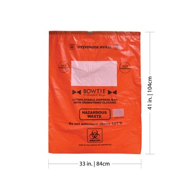 MTC™&nbsp;Bio BowTie™&nbsp;Drawstring Biohazard Bags high-density polyethylene, capacity 33 gal (113 L), W × L 33 in. (84 cm) × 41 in. (104 cm), pack of 100 ea