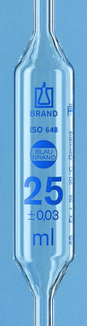 BRAND&#174; BLAUBRAND&#174; bulb pipette, calibrated to deliver (TD, EX) capacity 25&#160;mL, one mark