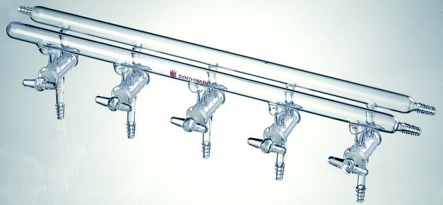 Synthware&#8482; all-glass vacuum/inert gas manifold with solid high vacuum stopcocks number of ports, 5, Hose Connections: Front-right, Rear-left-right