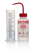 Azlon&nbsp;Multi-Lingual Safety Wash Bottles With Driplok Vapor Venting label, Acetone (in English, French, Spanish), capacity 250 mL