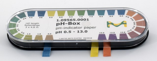 pH Box pH-indicator paper pH 0.5 - 13.0 roll L 4.8&#160;m , with color scale, pkg of 3&#160;rolls, pH range 0.5-5.0(ACILIT&#8482;), pH range 5.5-9.0(NEUTRALIT&#8482;), pH range 9.5-13.0(ALKALIT&#8482;), MQuant&#174;