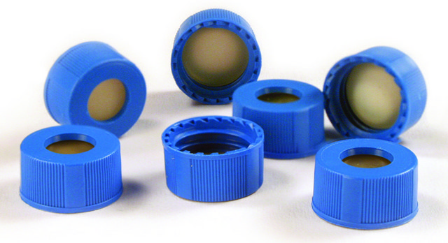 MSQ&#8482; Caps with Septa, Mass Spec Quality thread for 9 mm, natural PTFE/silicone septa, pkg of 100&#160;ea