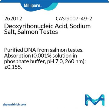 脱氧核糖核酸，钠盐，鲑鱼睾丸 Purified DNA from salmon testes. Absorption (0.001% solution in phosphate buffer, pH 7.0, 260 nm): &#8805;0.155.