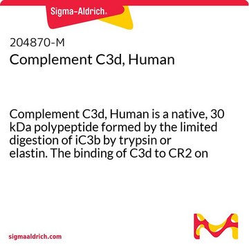 补体C3d，人 Complement C3d, Human is a native, 30 kDa polypeptide formed by the limited digestion of iC3b by trypsin or elastin. The binding of C3d to CR2 on B lymphocytes enhances B cell activation.