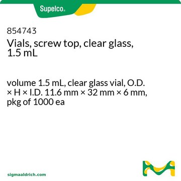 Vials, screw top, clear glass, 1.5 mL volume 1.5&#160;mL, clear glass vial, O.D. × H × I.D. 11.6&#160;mm × 32&#160;mm × 6&#160;mm, pkg of 1000&#160;ea