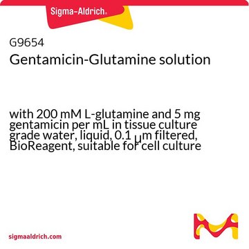 Gentamicin-Glutamine solution with 200 mM L-glutamine and 5 mg gentamicin per mL in tissue culture grade water, liquid, 0.1 &#956;m filtered, BioReagent, suitable for cell culture