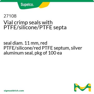 Vial crimp seals with PTFE/silicone/PTFE septa seal diam. 11&#160;mm, red PTFE/silicone/red PTFE septum, silver aluminum seal, pkg of 100&#160;ea