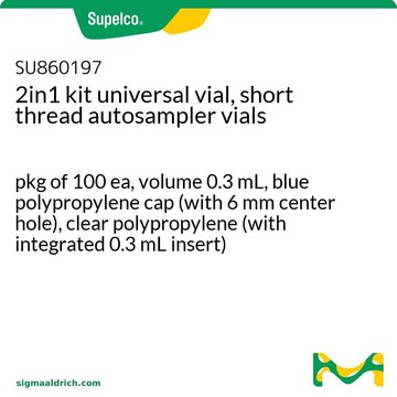 2in1 kit universal vial, short thread autosampler vials pkg of 100&#160;ea, volume 0.3&#160;mL, blue polypropylene cap (with 6 mm center hole), clear polypropylene (with integrated 0.3 mL insert)