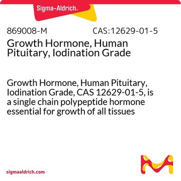 Growth Hormone, Human Pituitary, Iodination Grade Growth Hormone, Human Pituitary, Iodination Grade, CAS 12629-01-5, is a single chain polypeptide hormone essential for growth of all tissues and plays a role in fat mobilization.